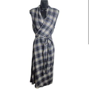 Vince Gray Blue & Cream Plaid Wrap Dress L NWT